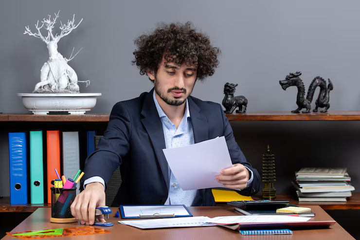 front-view-busy-young-businessman-sitting-desk-holding-stapler_140725-94950